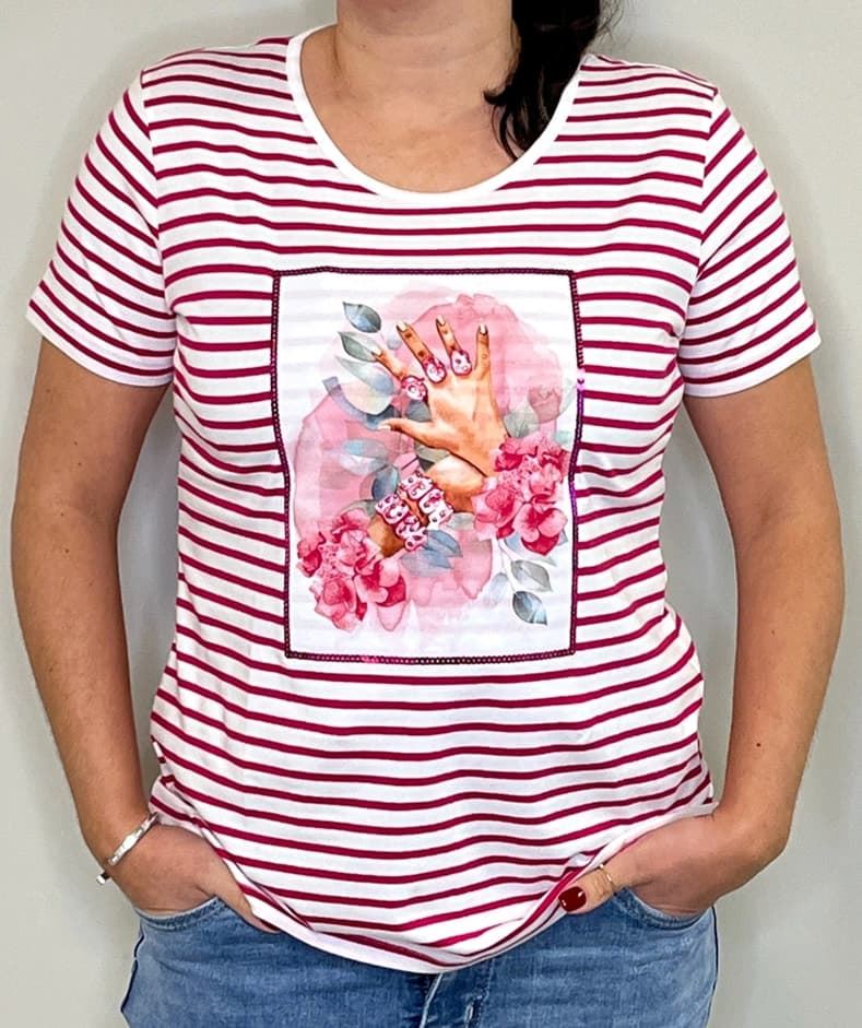Camiseta rayas rosas manicura - Imagen 1