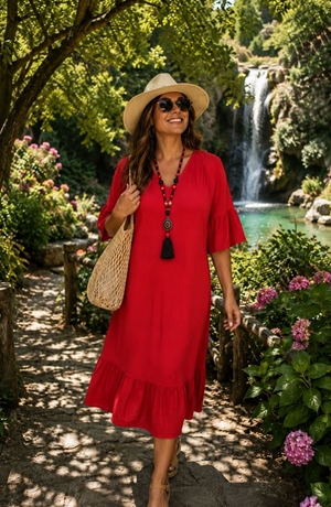 Vestido viscosa rojo moda curvy - Imagen 1